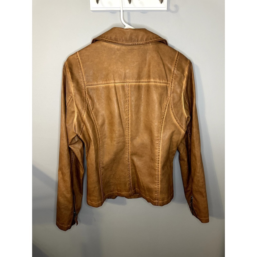 Max Studio Faux Leather Long Sleeve Asymmetrical Zip Biker Moto Jacket Brown L - Picture 6 of 7